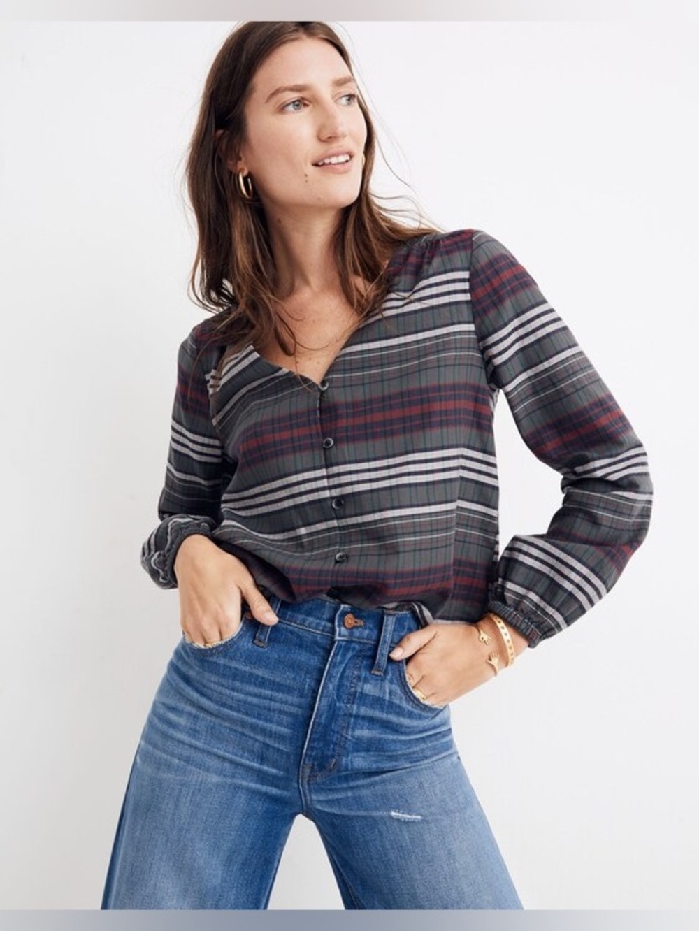 Madewell V-Neck Button-Down Shirt in Pineview Plaid flannel holiday fall winter